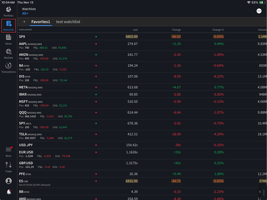 The watchlist on iPad